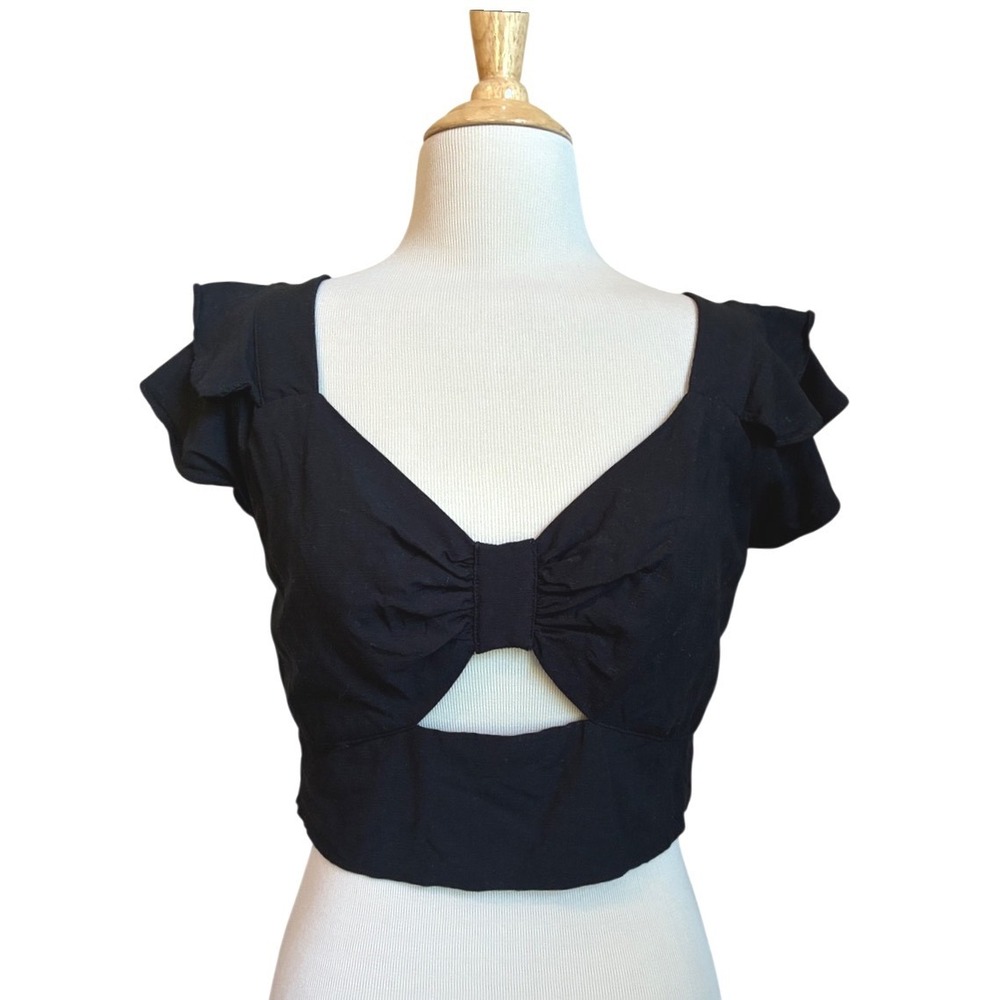 BAR III Size‎ 10 Black Rayon Flutter Sleeve Cutout Cropped Top Coquette Festival